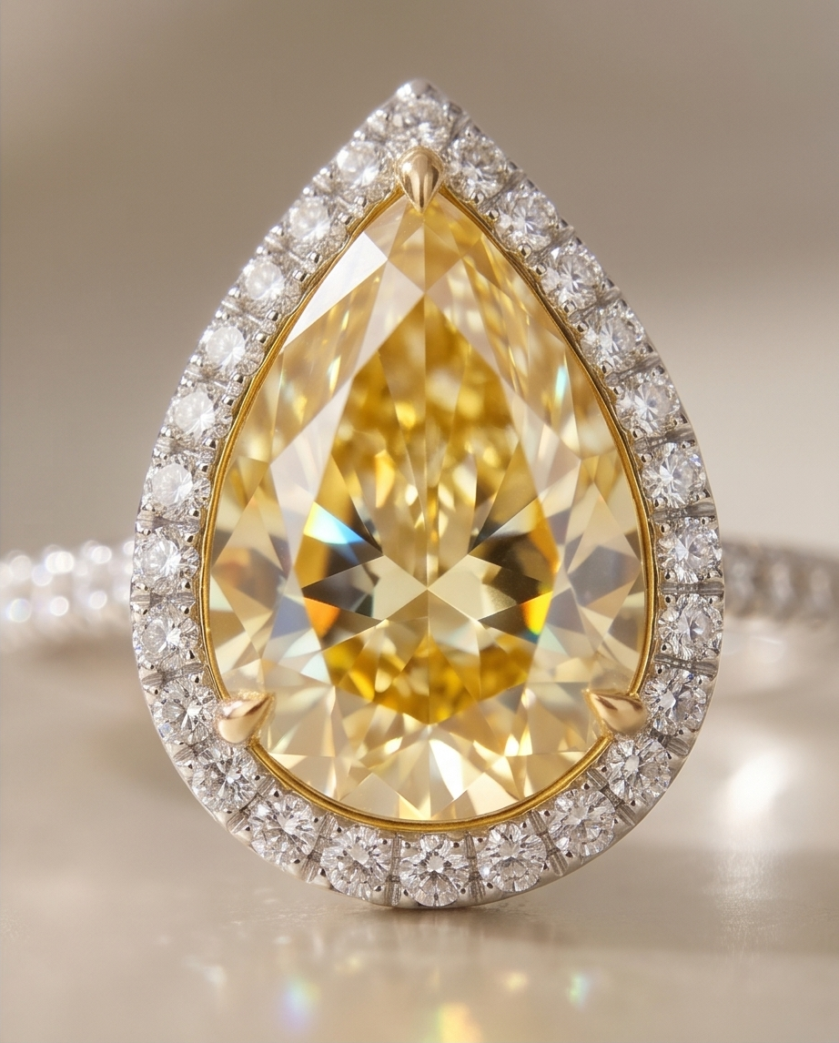Pear Shaped Yellow Diamond Halo Solitaire